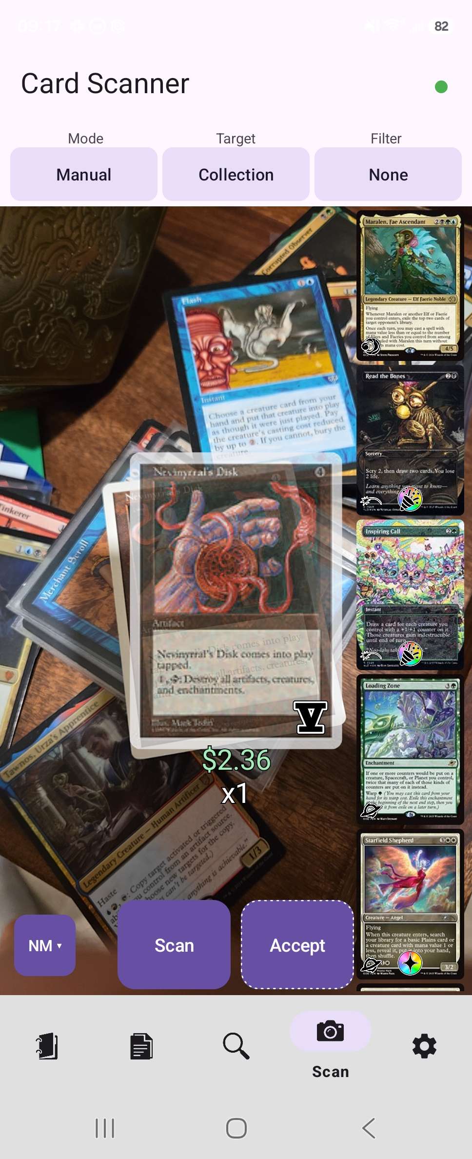 Card scanner identifying Nevinyrral's Disk from a pile of cards at an angle